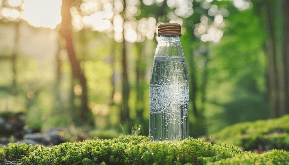 Glass bottle of sparkling mineral water with bubbles, symbolizing the best water for hydration and a healthy lifestyle.