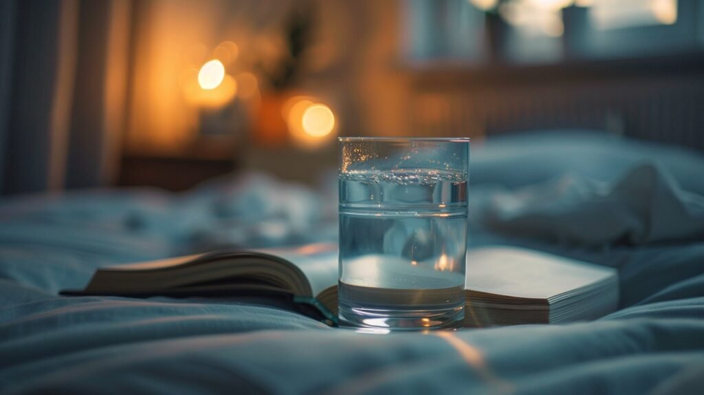 a glass of water on a book