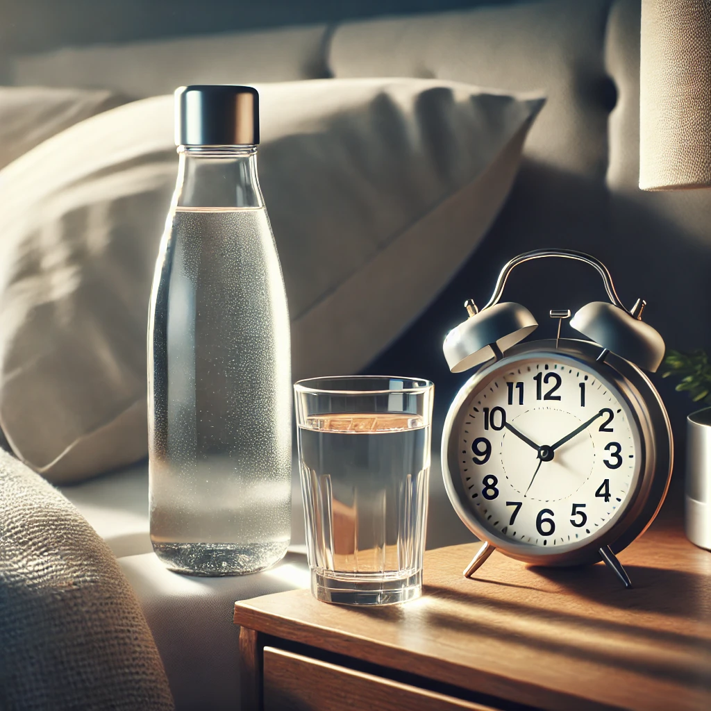 A water bottle placed next to a bedside and an alarm clock, symbolizing the importance of drinking water as soon as you wake up.