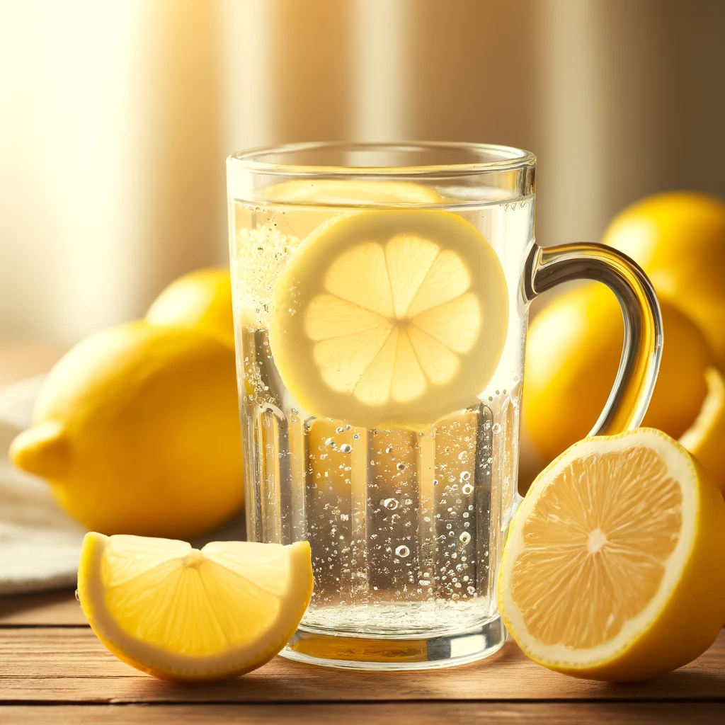 A refreshing glass of lemon water with fresh lemons around, symbolizing the health benefits of drinking water in the morning.