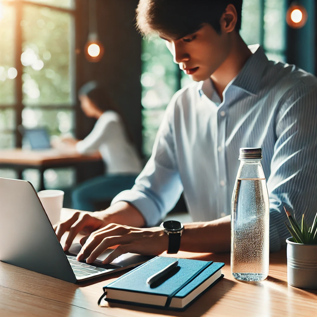 Person studying at a desk with a water bottle nearby, staying hydrated while working.