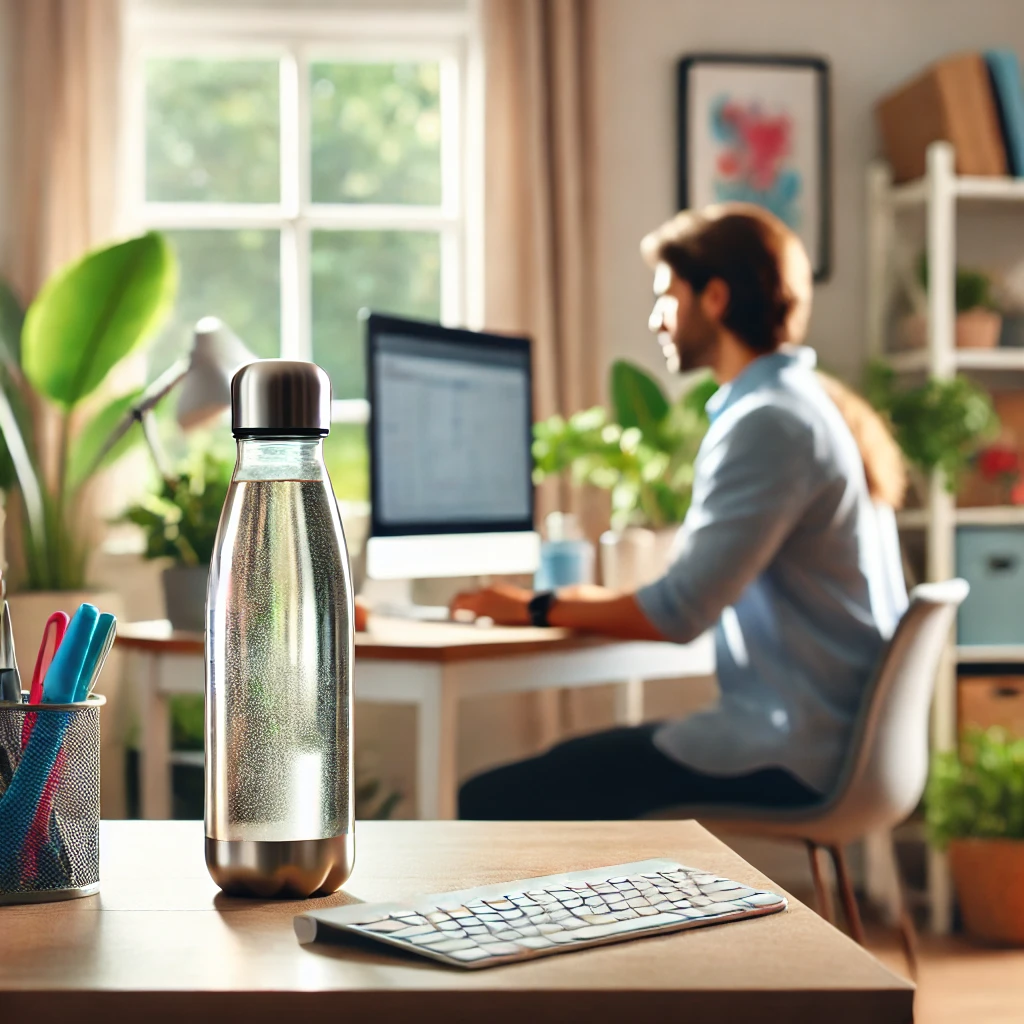 An employee working from home with a reusable water bottle, demonstrating how to stay hydrated while working from home.