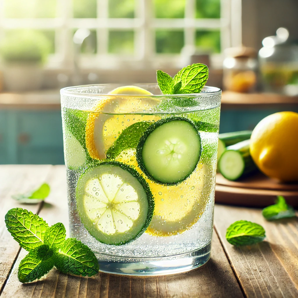 A glass of water infused with fresh lemon slices, cucumber, and mint leaves, providing a refreshing and healthy way to stay hydrated while working from home.