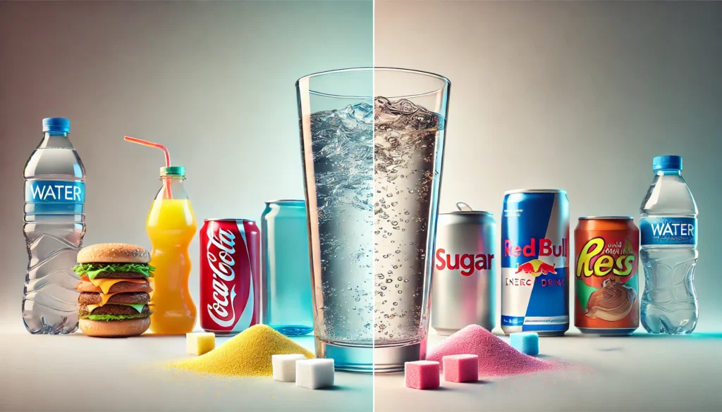 Comparison of a clear glass of water and a sugary drink, highlighting the importance of choosing water to stay hydrated while working from home.