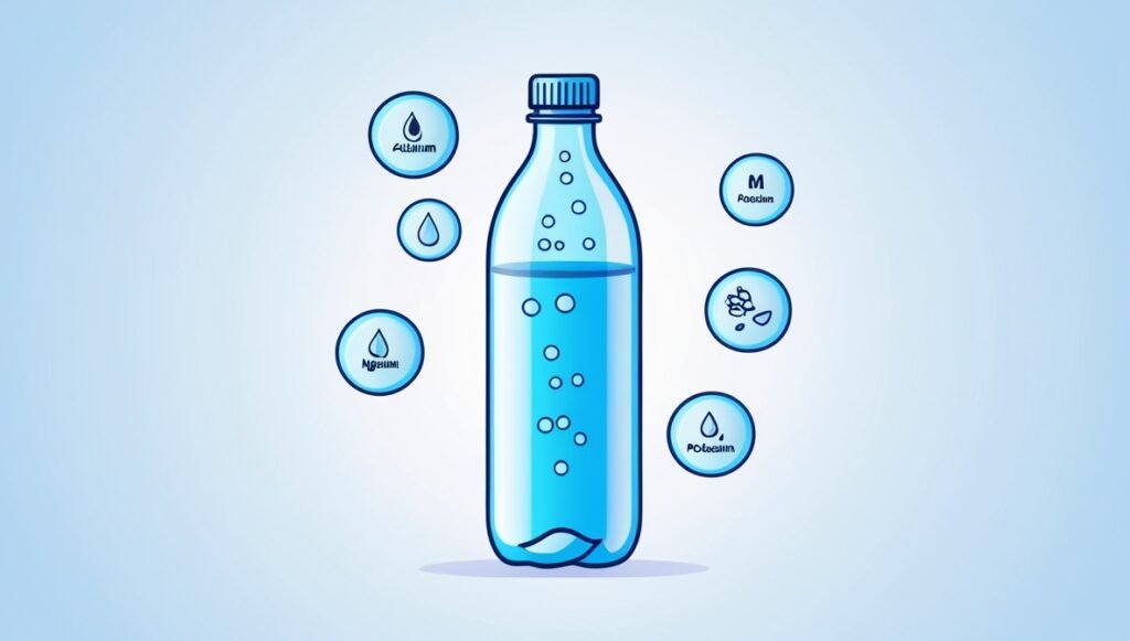 Illustration of a mineral water bottle with essential minerals like calcium, magnesium, and potassium, representing the best bottled water for health benefits