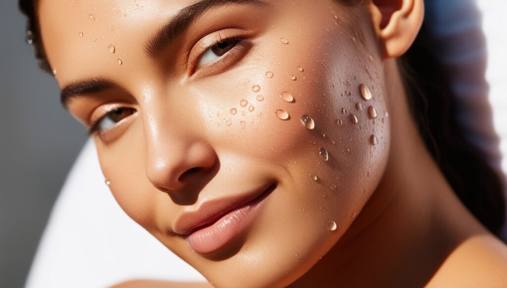 Close-up of glowing, hydrated skin showcasing the benefits of drinking alkaline water