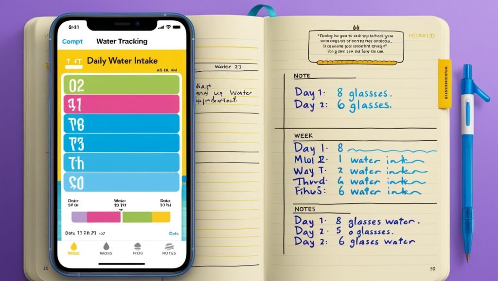 A screenshot of a water tracking app displaying daily water intake, featuring a colorful chart and logged entries to promote hydration while working from home.