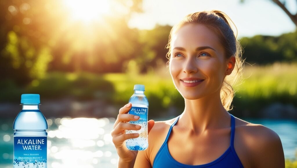 A person feeling refreshed and detoxified after drinking alkaline water, symbolizing the health benefits of hydration and energy boost