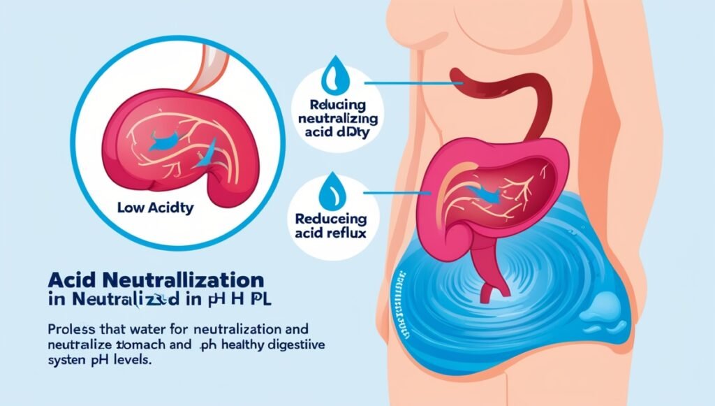 Illustration of the acid neutralization process in the human digestive system with alkaline water helping balance pH levels and reduce acid reflux