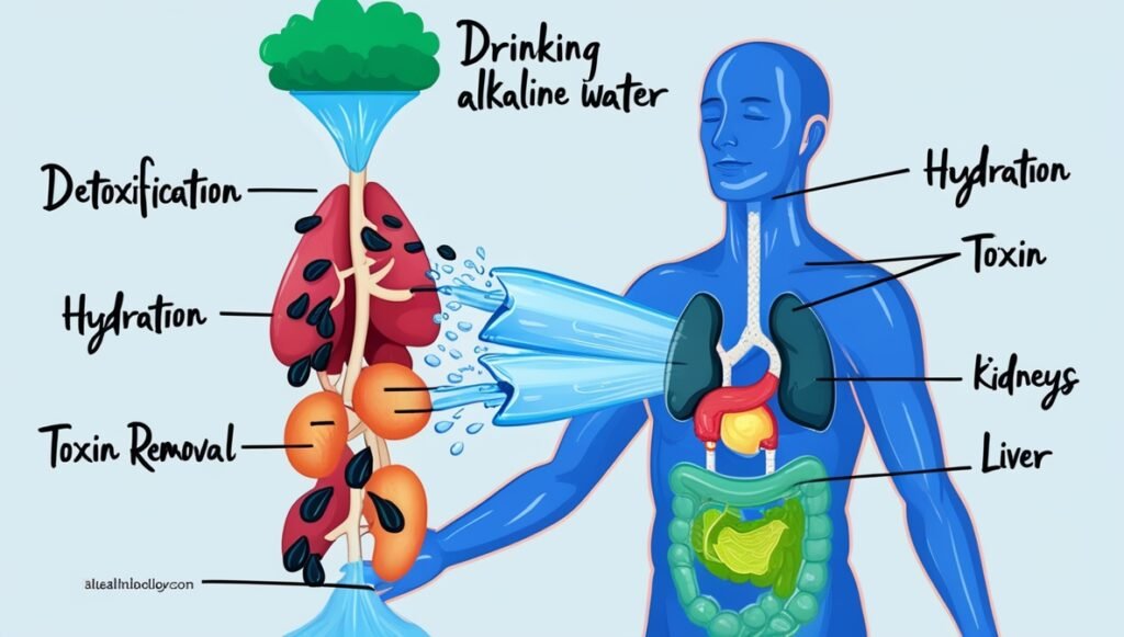 Illustration of the detoxifying benefits of drinking alkaline water, showing the body's natural process of flushing out toxins.