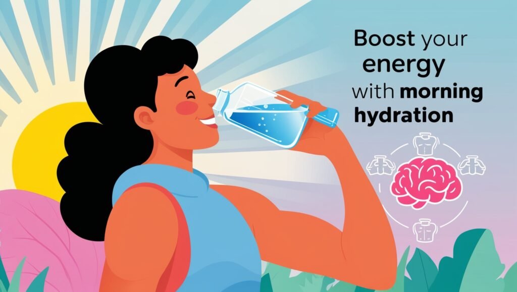 Illustration of a happy person drinking water in the morning with a glowing sunrise, symbolizing hydration benefits for energy and brain health.