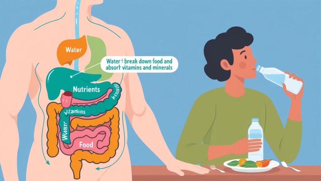 Illustration showing a glass of water on a bedside table, emphasizing the health benefits of drinking water first thing in the morning for improved digestion, hydration, and energy.