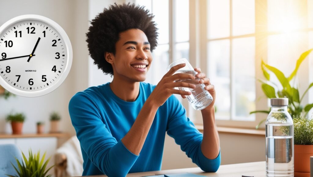 Happy person drinking water in the morning sunlight, feeling energized and refreshed, highlighting the benefits of morning hydration.