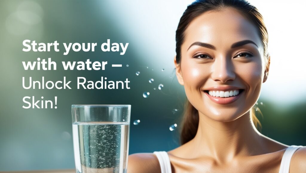 A young woman with glowing skin holding a glass of water, showcasing the benefits of drinking water first thing in the morning for hydration and skincare.